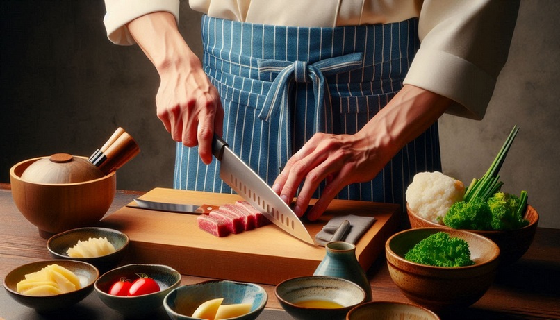 A Japanese cook with Santoku knife cutting food
